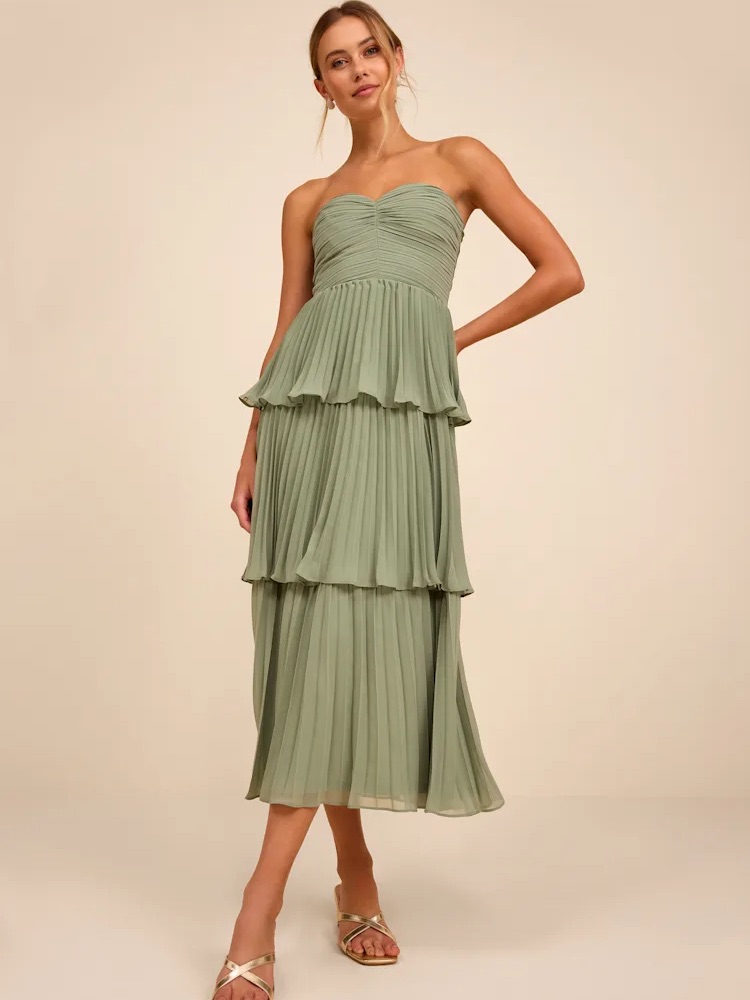 Lulu's Sage Strapless Tiered Pleated Midi Dress